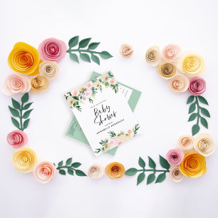 Baby shower waterverf groen roze floranje schrift uitnodiging briefkaart