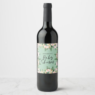 Baby shower waterverf groene girly floral script wijn etiket