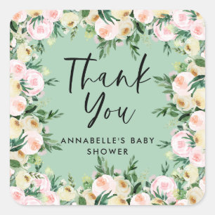 Baby shower waterverf groene roze florale dank vierkante sticker