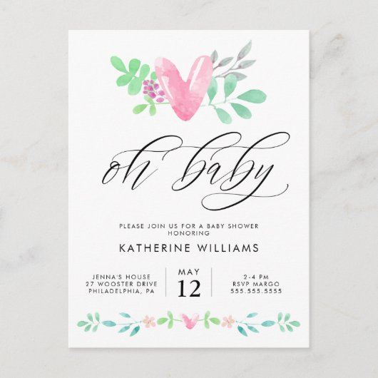 BABY SHOWER | Waterverf Hart Floral Briefkaart (Voorkant)