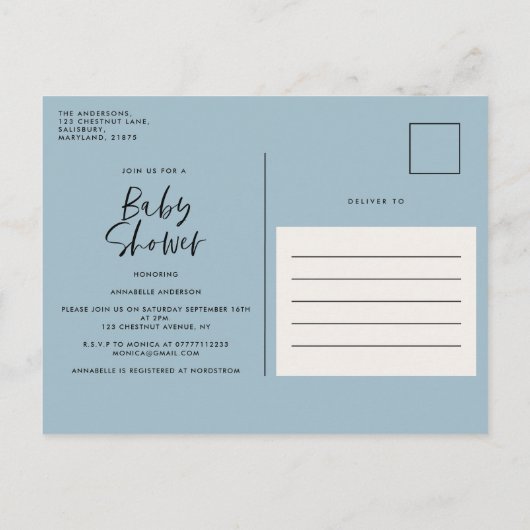 Baby shower waterverf illustratie eenvoudig script uitnodiging briefkaart (Achterkant)