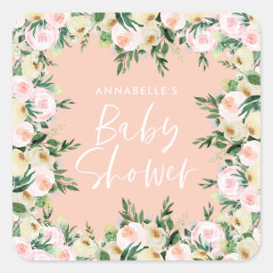 Baby shower waterverf peach girly florly script vierkante sticker