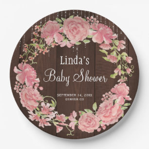Baby shower waterverf roze bloem hout papieren bordje