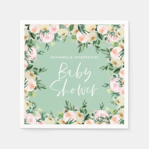 Baby shower waterverf roze floregroen servet