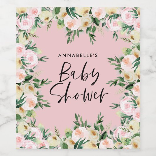 Baby shower waterverf roze girale vorm wijn etiket (Enkel label)
