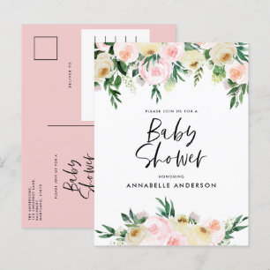 Baby shower waterverf roze meisjesachtig bloemende uitnodiging briefkaart