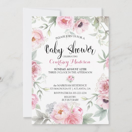 Baby shower Waterverf Roze Rozen Bloemen Kaart (Voorkant)