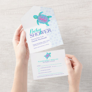 Baby shower waterverf schildpad aqua roze blauw all in one uitnodiging