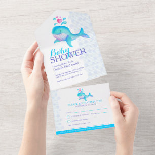 Baby shower waterverf walvisblauwe aqua all in one uitnodiging