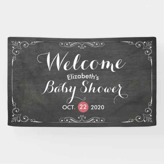 Baby shower Welkom Black White Flowers Chalkboard Spandoek (Horizontaal)