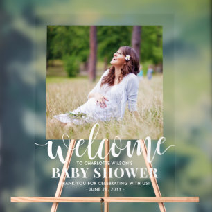 Baby Shower Welkom Modern Elegant Script & Foto Acryl Bord