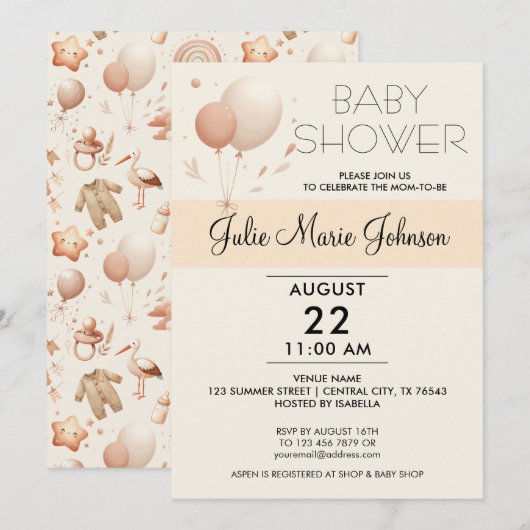 Baby shower Whimsy mignon - Invitation Ballons (Devant / Derrière)