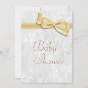 baby shower White Damask en Faux Bow Kaart