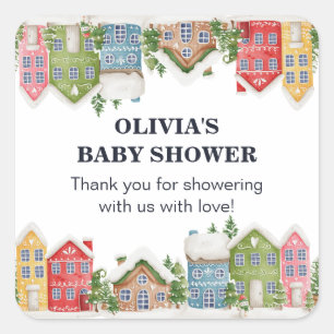 Baby shower Winter sneeuwdorp Vierkante Sticker