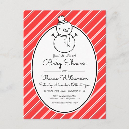 BABY SHOWER | Winter Snowman Candy Cane Briefkaart (Voorkant)