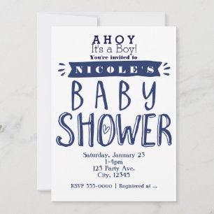 BABY SHOWER Witte & Marineblauwe Nautilsche Uitnod Kaart