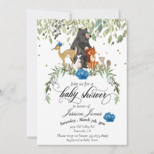 Baby shower Woodland Animals Floral Blue Boy Kaart
