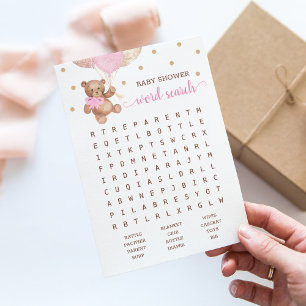 Baby shower Woord Zoeken Game Teddy Bear Roze Kaar Kaart