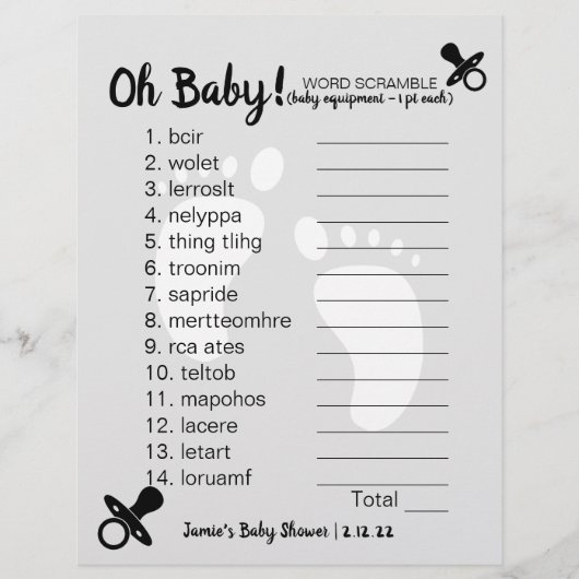 Baby shower Word Scramble Grey (Voorkant)