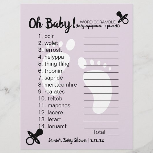 Baby shower Word Scramble Paars (Voorkant)