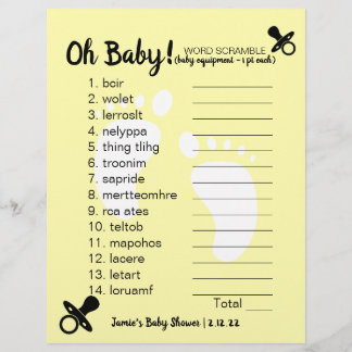 Baby shower Word Scramble Yellow