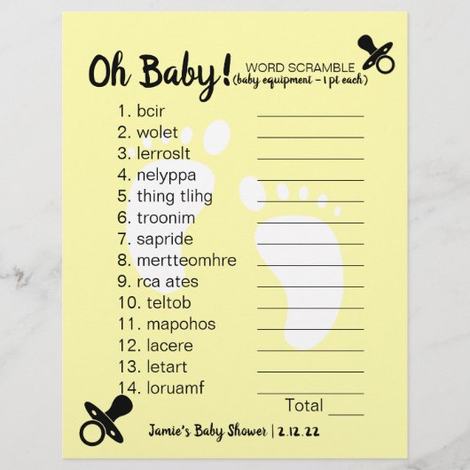 Baby shower Word Scramble Yellow (Voorkant)