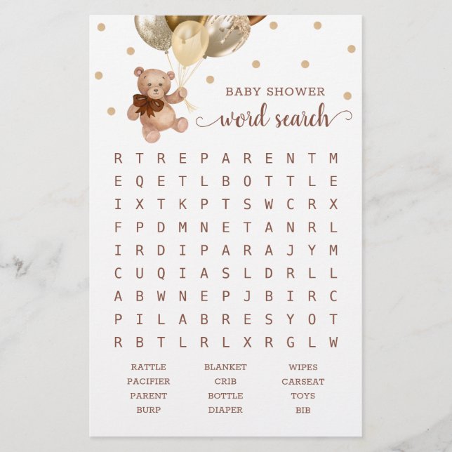 Baby shower Word Search Game Teddy Bear Brown (Voorkant)