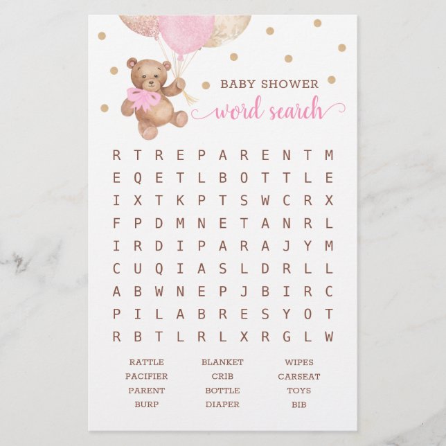 Baby shower Word Search Game Teddy Bear Pink (Voorkant)