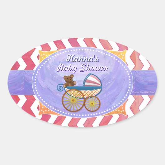 Baby shower zalm Roze Chevron Ovale Sticker (Voorkant)