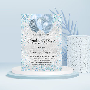 Baby shower zilverblauw glitterstof briefkaart