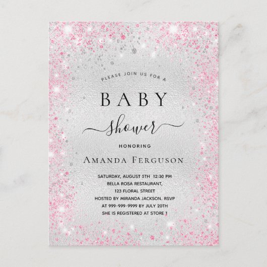 Baby shower zilveren glitter roze roze uitnodiging briefkaart (Voorkant)