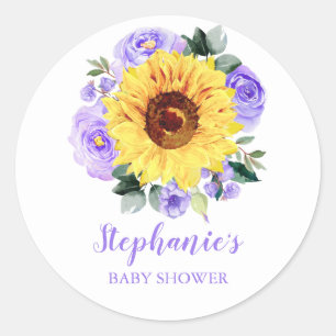 Baby shower Zonnebloem Paarse Bloemen Gepersonalis Ronde Sticker