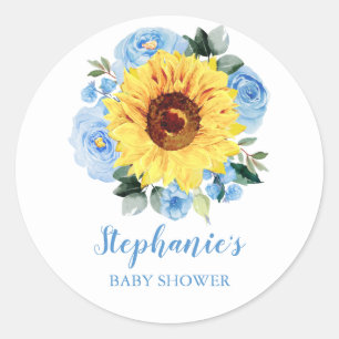 Baby shower Zonnebloem Stoffig Blauw Rozen Bloemen Ronde Sticker