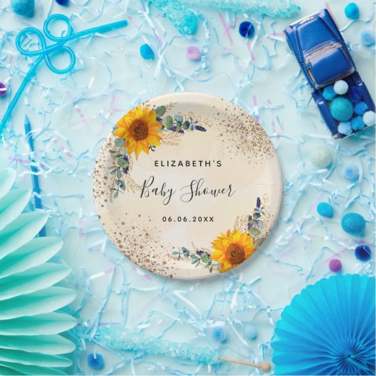 Baby shower zonnebloemen eucalyptus greenery glitt papieren bordje (Feest)