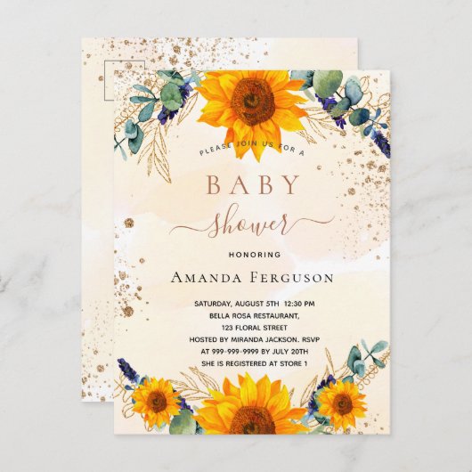 Baby shower zonnebloemen eucalyptusgoud glitter uitnodiging briefkaart (Voorkant / Achterkant)