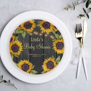 Baby shower zonnebloemen rustieke schuur hout papieren bordje