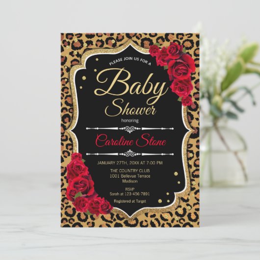 Baby shower - Zwart Rood Goud Leopard Print Kaart (Staand voorkant)