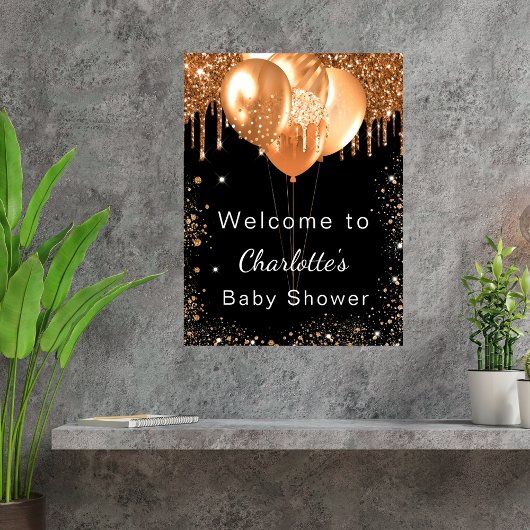 Baby shower zwarte gouden glitter welkom poster