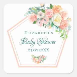 Baby shower zwarte witte floralen roos goudgee vierkante sticker