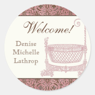 Baby showers Stickers - Roze Bruin Damask Cradle