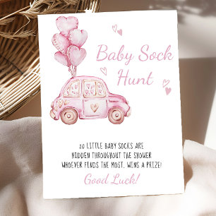 Baby Sock Hunt Roze Autoballonnen Baby shower Spel Poster