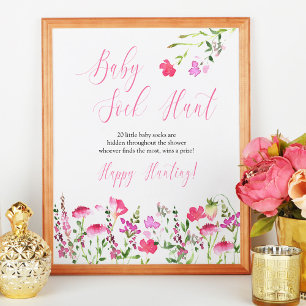 Baby Sock Hunt Roze Wilde Bloem Baby Shower Spel Poster