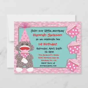 Baby Sock monkey cupcake Verjaardag Party Uitnodig Kaart