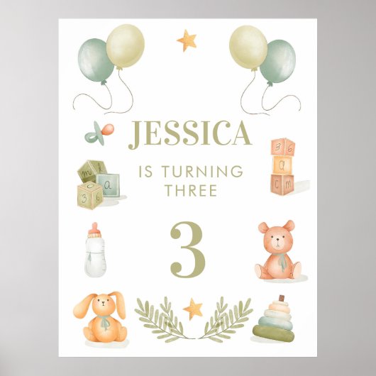 Baby SpeelgoedWaterverf Birthday Nursery Poster (Voorkant)