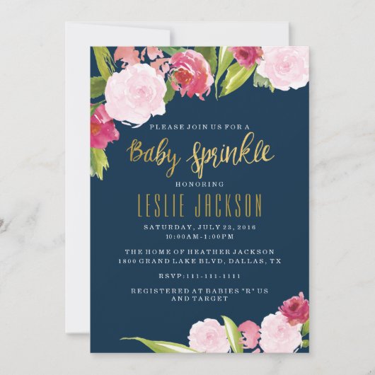 Baby Sprinkle Invitation Navy and Gold Kaart (Voorkant)