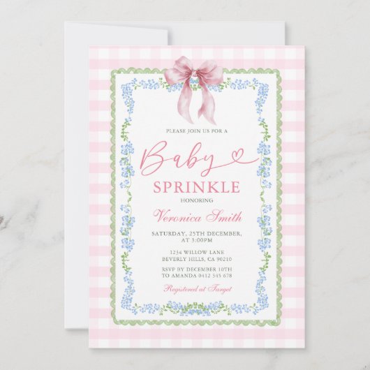Baby Sprinkle Invitation Pink Gingham Floral Bow (Devant)