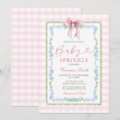 Baby Sprinkle Invitation Pink Gingham Floral Bow (Devant / Derrière)