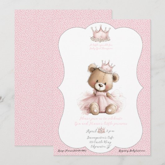 Baby Sprinkle Invitation Teddy Bear Princess (Devant / Derrière)