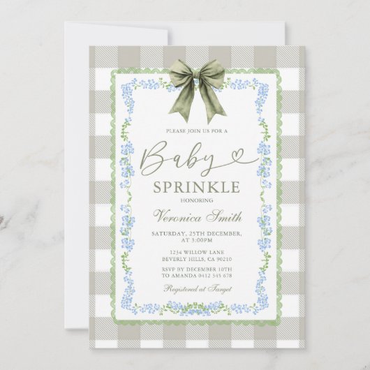 Baby Sprinkle Sage Gingham Floral Bow Invitation  (Devant)