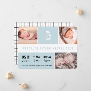 Baby Stats Monogram Blauwe Kleur Blokken Foto Gebo Aankondiging